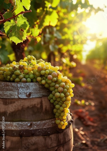 White Grapes Over Wooden Barrel in Vineyard During Golden Hour