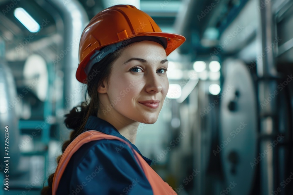 Confident Female Engineer in Hard Hat Smiling in Industrial Setting Confident Female Engineer in Hard Hat Smiling in Industrial Setting