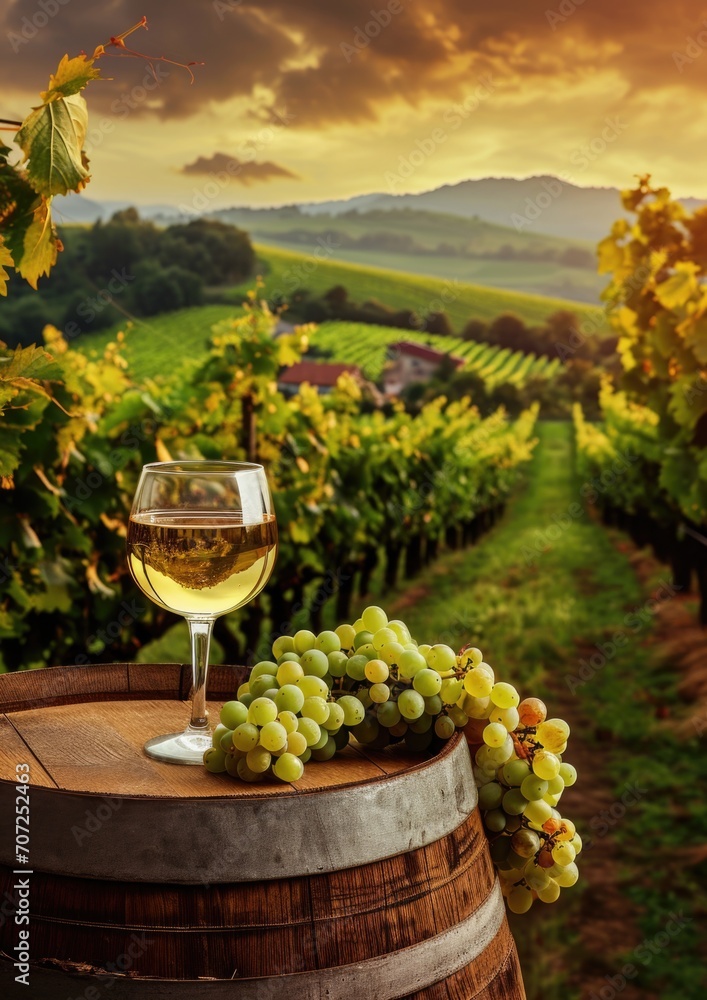 Glass of White Wine on a Barrel Overlooking a Vineyard at Sunset