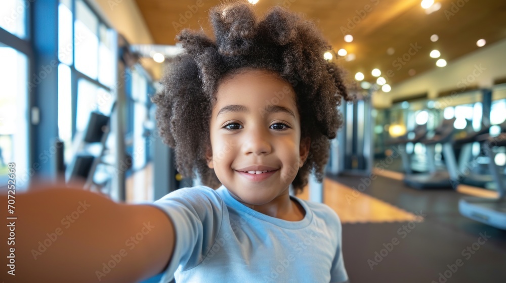 High angle view of african american child taking selfie with smartphone at gym, kids sports school concept High angle view of african american child taking selfie with smartphone at gym, kids sports school concept