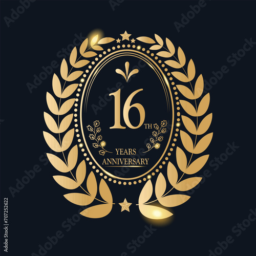 16 Th Years Anniversary celebration. Vector Template festive illustration Golden Color,. Birthday or wedding party event decoration. photo