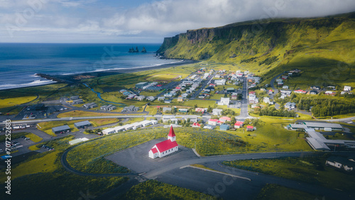 Vik Small Iceland Town with Church Aerial
