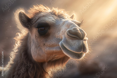 Portrait of a camel in the desert at sunset. Camel face close up photo