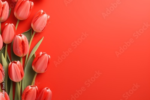 Spring tulip flowers on vermilion background top view in flat lay style