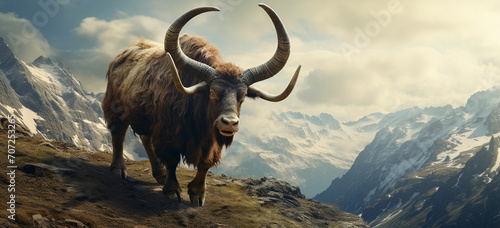 A bull with horns spiraled like ancient symbols, its hooves barely touching the ground, levitates above a mountaintop, its form radiating mystical energy © Khansa