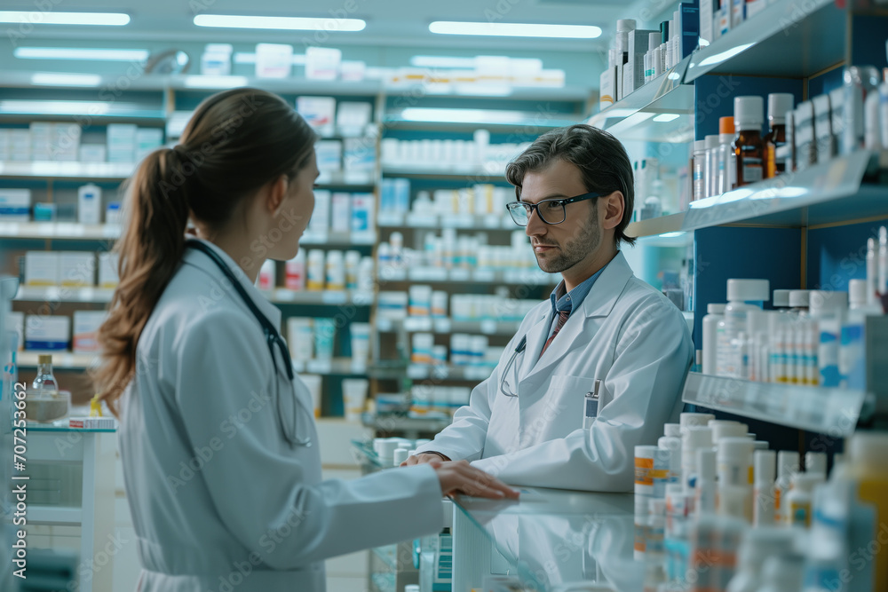 Pharmacist consulting with colleague in pharmacy