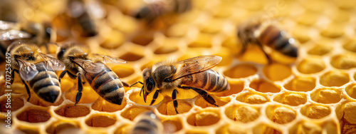 Close up of bees working on honeycomb, natural macro background © dvoevnore