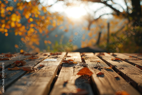 Autumn leaves on wooden boardwalk