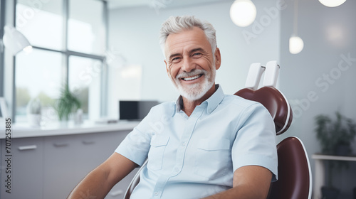 Hombre mayor en la consulta del dentista sonriendo photo