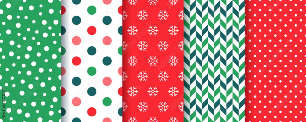 Xmas seamless pattern. Backgrounds with circles, snowflake, herringbone and polka dots. Christmas, New year prints. Set holiday red green textures. Festive wrapping paper. Vector illustration. Xmas seamless pattern. Backgrounds with circles, snowflake, herringbone and polka dots. Christmas, New year prints. Set holiday red green textures. Festive wrapping paper. Vector illustration.