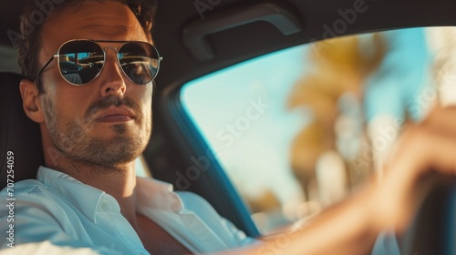 Success is in motion. Handsome young man in a white shirt and sunglasses driving a car © Eugenia