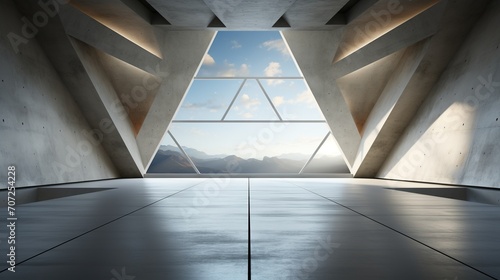 Concrete futuristic interior with a triangular window and ambient lighting