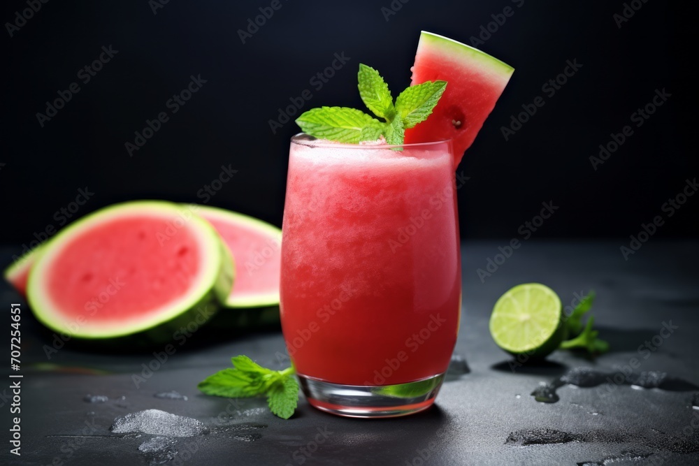 Fresh watermelon juice with ice in a glass. Slices of watermelon on the table.Fresh watermelon juice with ice in a glass. Slices of watermelon on the table. watermelon drink. glass watermelon lemonade Fresh watermelon juice with ice in a glass. Slices of watermelon on the table.Fresh watermelon juice with ice in a glass. Slices of watermelon on the table. watermelon drink. glass watermelon lemonade