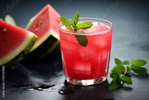Fresh watermelon juice with ice in a glass. Slices of watermelon on the table.Fresh watermelon juice with ice in a glass. Slices of watermelon on the table. watermelon drink. glass watermelon lemonade