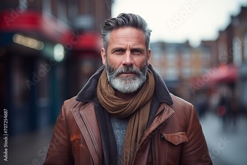 Portrait of a handsome mature man with gray beard, wearing a brown leather jacket and scarf.