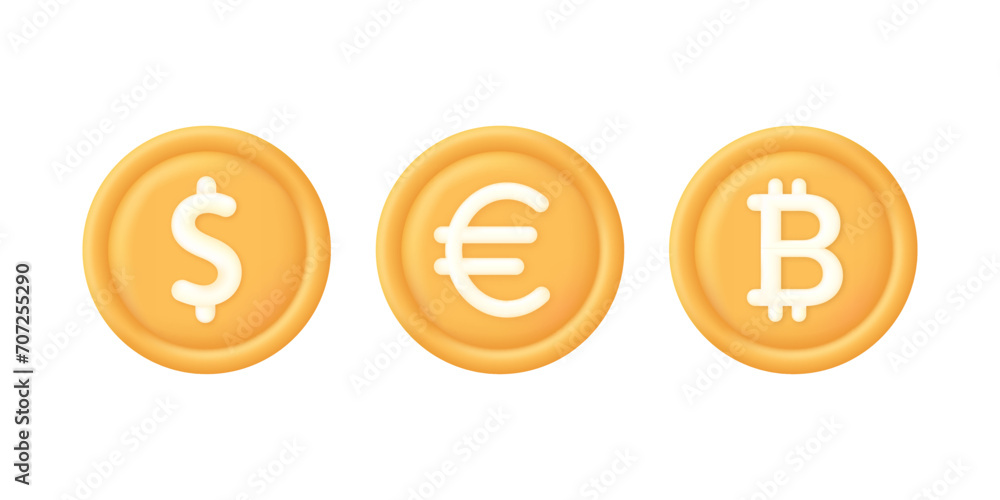 3D Set of coins. Dollar, euro and bitcoin. Payment icon. Successful transaction. Buy or sell currency online 3D Set of coins. Dollar, euro and bitcoin. Payment icon. Successful transaction. Buy or sell currency online