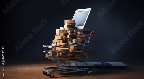 Shopping cart full of boxes and tablet computer on dark background. Online shopping concept. 3D Rendering