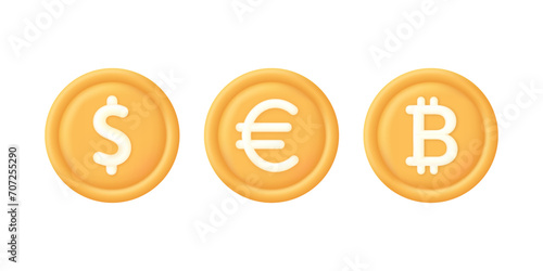 3D Set of coins. Dollar, euro and bitcoin. Payment icon. Successful transaction. Buy or sell currency online