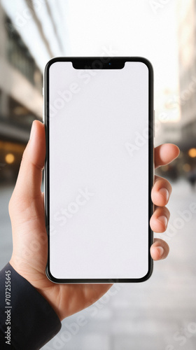 Man holding modern smartphone with blank screen on blurred background, closeup