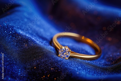 Gold ring with a single diamond, close-up on a velvet background