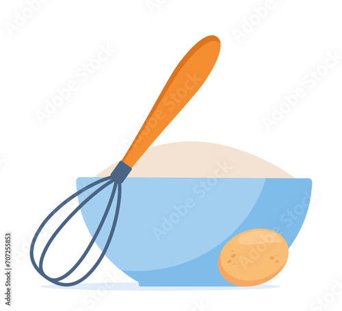 Whisk, bowl and egg. All for making an omelet. Preparing ingredients for healthy cooking. Vector illustration.