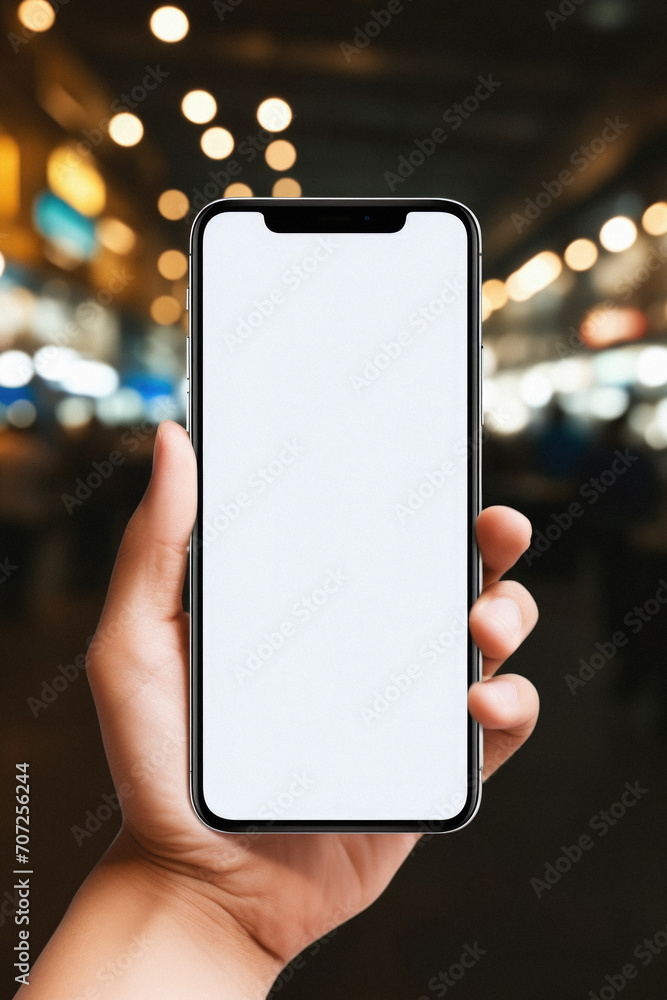 Mockup image of hand holding black mobile phone with blank white screen on blurred background