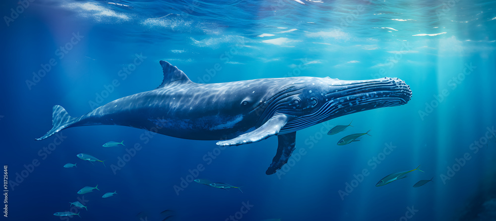 Fototapeta premium Humpback whale in blue ocean. Wildlife scene from underwater world. ocean world day