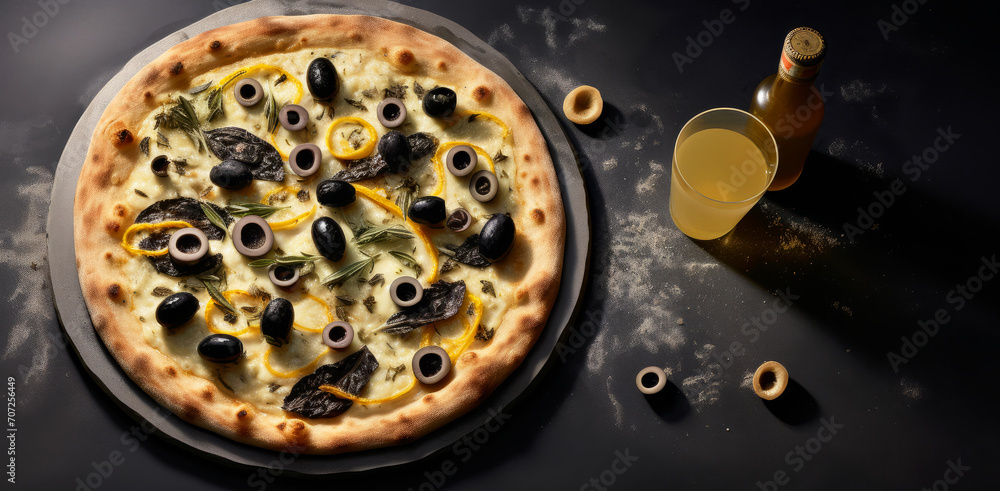 Small pizza on a black background, with black olives.
