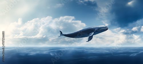 Humpback whale floating in the blue sky with clouds. Fantasy background. 3d rendering