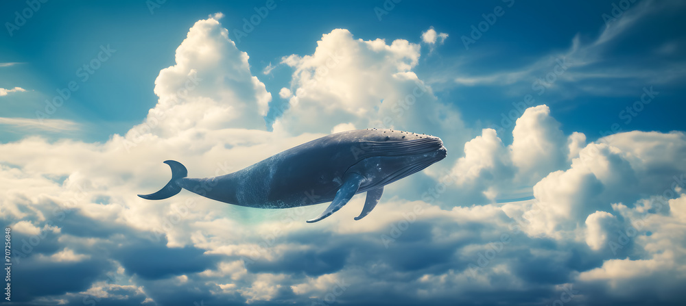 Humpback whale floating in the blue sky with clouds. Fantasy background. 3d rendering Humpback whale floating in the blue sky with clouds. Fantasy background. 3d rendering