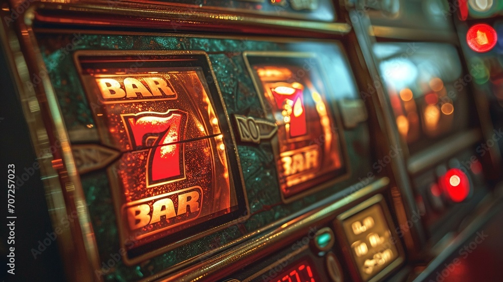 Close-up of a luminous slot machine display with iconic BAR and 7 symbols, vibrant and inviting. Close-up of a luminous slot machine display with iconic BAR and 7 symbols, vibrant and inviting.