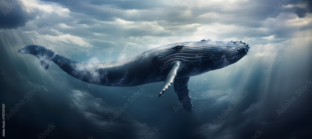 Humpback whale floating in the blue sky with clouds. Fantasy background. 3d rendering - obrazy, fototapety, plakaty 