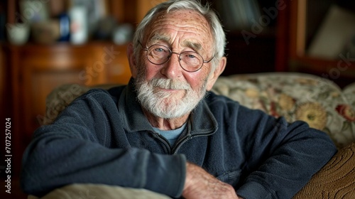 A candid portrait of a thoughtful elderly man with a warm, wise gaze, sitting comfortably.