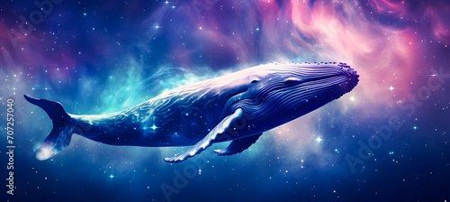 Humpback whale in deep space. Fantasy cosmic background. blue whale swimming in the night sky with clouds. Vector illustration. © Iwankrwn