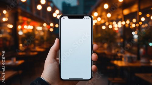Male hand holding smartphone with white screen on blurred cafe background. mock up