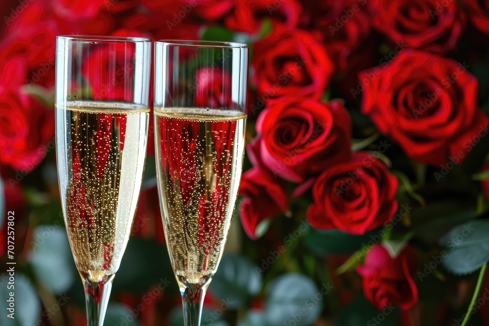 Pair of champagne glasses with red roses in the background Pair of champagne glasses with red roses in the background