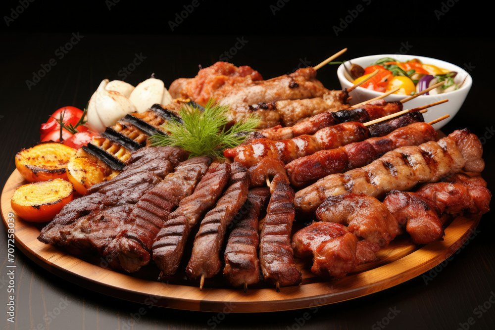 Wooden Plate With Assorted Meat and Vegetables