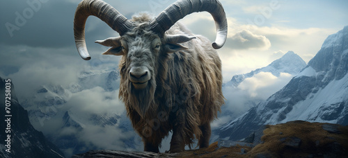A bull with horns spiraled like ancient symbols, its hooves barely touching the ground, levitates above a mountaintop, its form radiating mystical energy photo