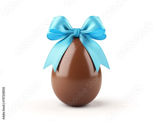 Chocolate Easter Egg with blue ribbon Bow isolated on white back