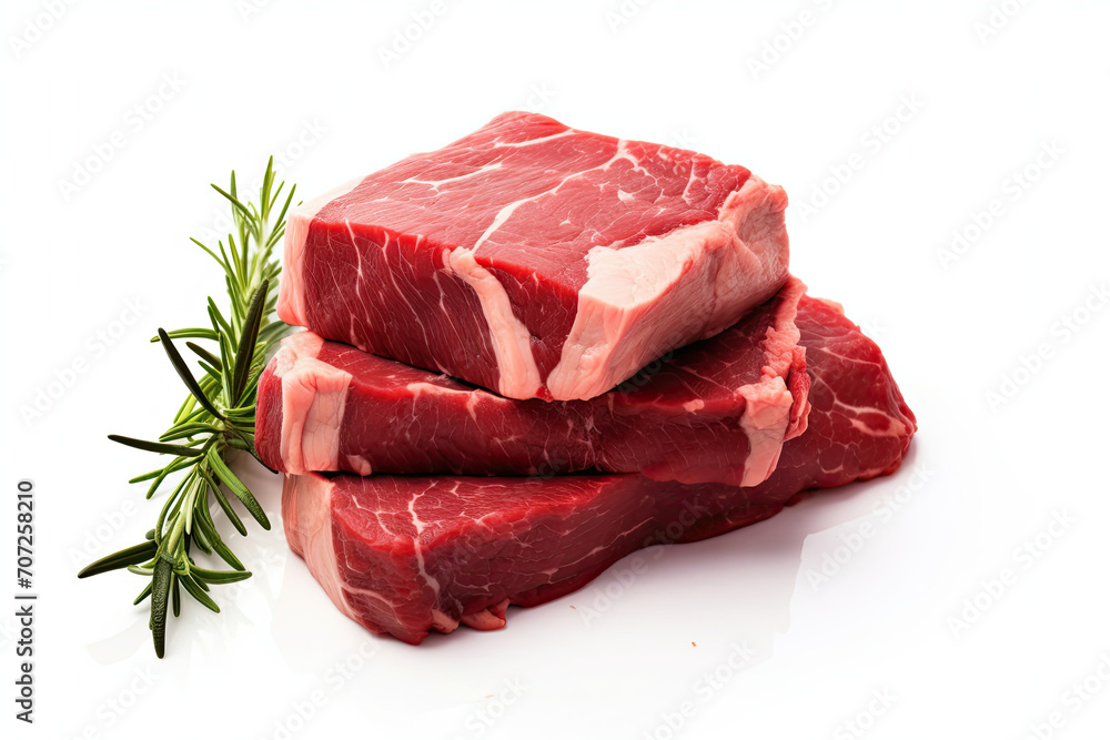 Pile of Raw Meat Next to Sprig of Rosemary