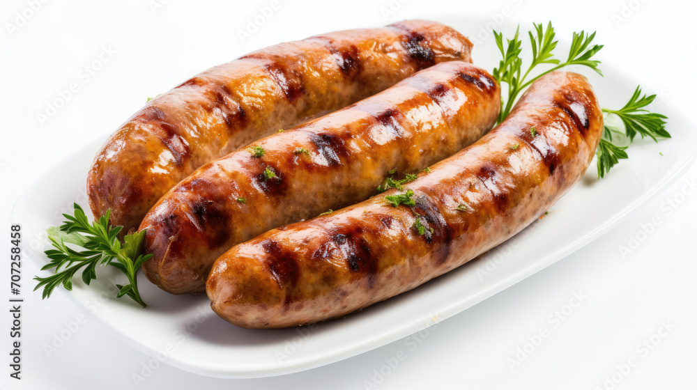 Two Sausages on Plate With Fresh Parsley - Delicious Meal or Snack Two Sausages on Plate With Fresh Parsley - Delicious Meal or Snack