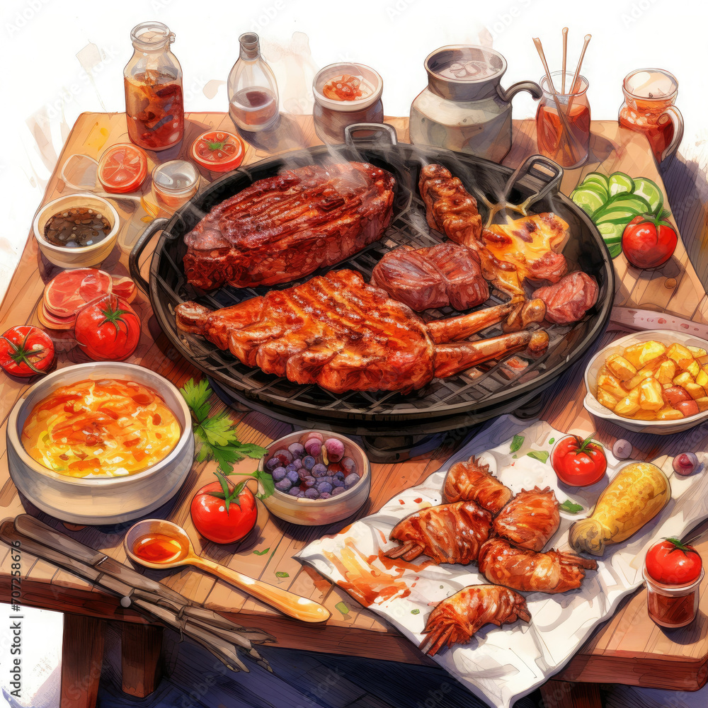 Painting of Food on Wooden Table - Artwork Depicting a Delicious Meal