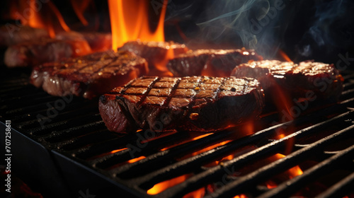 Close Up of Steaks Cooking on Grill