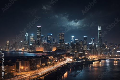 Cityscape aglow. A stunning night skyline, capturing the vibrant lights and urban charm. Ideal for city-themed and nocturnal visuals. © Amila Vector