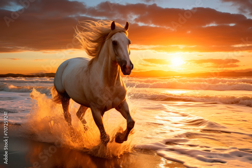 horse galloping on the beach at sunset