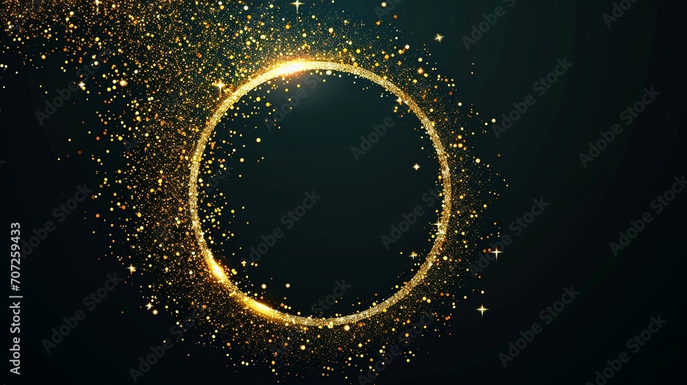 Golden green sparkling ring with golden glitter isolated on black background. Golden green sparkling ring with golden glitter isolated on black background.