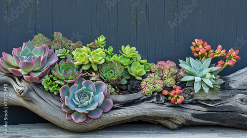 Succulents arrangements in a driftwood planter, concept of terrarium design, graceful table decoration. photo