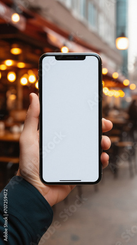 Male hand holds a smartphone with a white screen on the background of a cafe