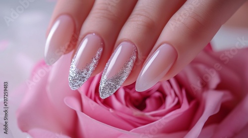 Beautiful woman's nails with french manicure and rose