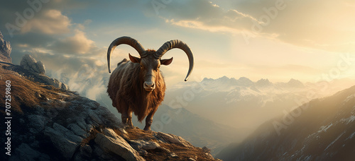A bull with horns spiraled like ancient symbols, its hooves barely touching the ground, levitates above a mountaintop, its form radiating mystical energy photo